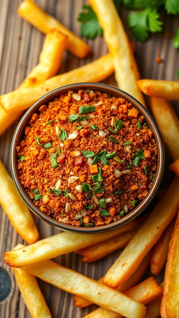 A bowl of zesty seasoning with French fries on a wooden table.